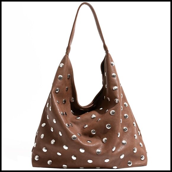 Handbags - Studded Vegan Leather Hobo Bag Slouchy Shoulder Tote Y2K Punk Chic